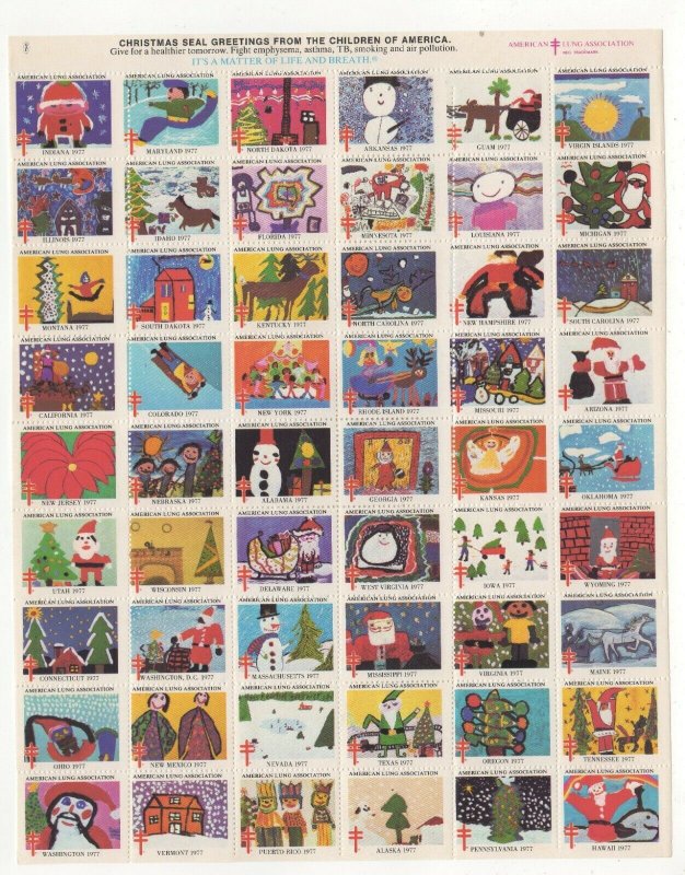 Cinderella TB Christmas Stamps 1977 USA Sheet of 54 Seals MNH