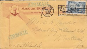 Canada 1939 Cover Sc #C6 6c Monoplane over river Marquis Hotel Slogan cancel