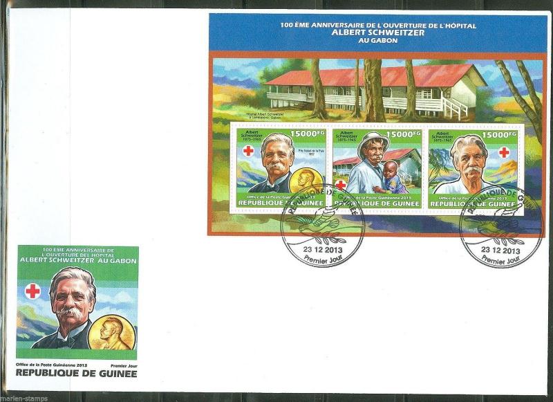 GUINEA 2013 100th ANNIVERSARY OF ALBERT SCHWEITZER GABON  HOSPITAL SHT FDC