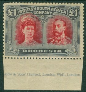 SG 165a Rhodesia £1 carmine-red & bluish-slate. Very lightly mounted mint...
