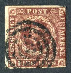 Denmark 1851. 4r.b.s. brown. Used. SG4.