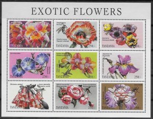 Tanzania #1685 a-i   Exotic Flowers & Insects  1998  sheet of 9  MNH