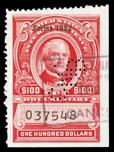 Scott R614 1952 $100.00 Dated Red Documentary Revenue Used VF