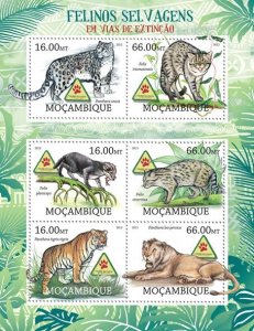 MOZAMBIQUE - 2012 - Endangered Wild Cats - Perf 6v Sheet -Mint Never Hinged