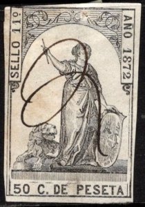 1872 Spain Revenue Sello 11 50 Cent. De Peseta King Amadeo I Documentary Stamp