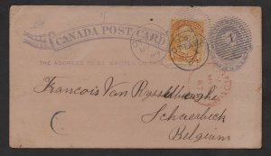 1887 1c postal card addressed to Belgium. 1c small queen has been added to make