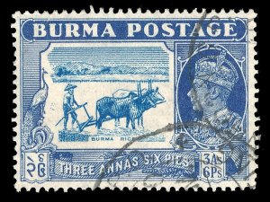 Burma 1938 KGVI 3a6p light blue & blue Row 11/8 EXTRA TREES variety VFU. SG 27a.