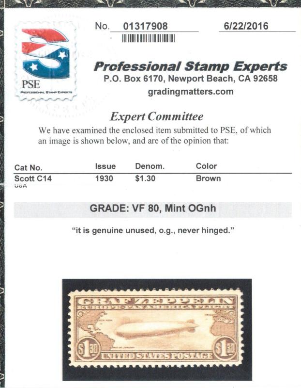 USA #C14 Very Fine Never Hinged **With Graded 80 Certificate**