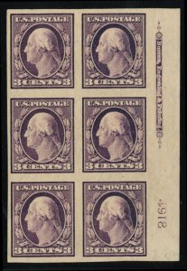 United States, 1904-9 #345 Cat$155, 1908 3c deep violet, plate block of six, ...