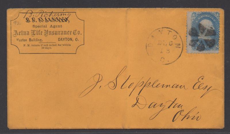 **US 19th Century Cover SC# 92, Grilled Stamp on Advertising Cover, Insurance 