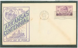 US 782 1936 3c Arkansas Statehood Centennial single on an unaddressed FDC with an Unknown Cachet