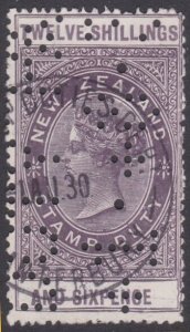 NEW ZEALAND 1880 LONG TYPE STAMP DUTY 12/6d used with official perfin.......U697