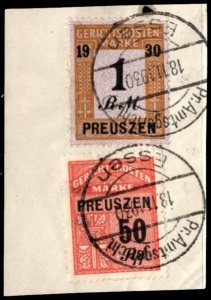 1930 Germany Prussia Revenue 50 Pfennig, 1 Mark Court Fees w/Official Cancel