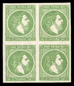 Spain, Carlist Issue #X6 Cat$32+, 1875 50c green, block of four, lightly hinged