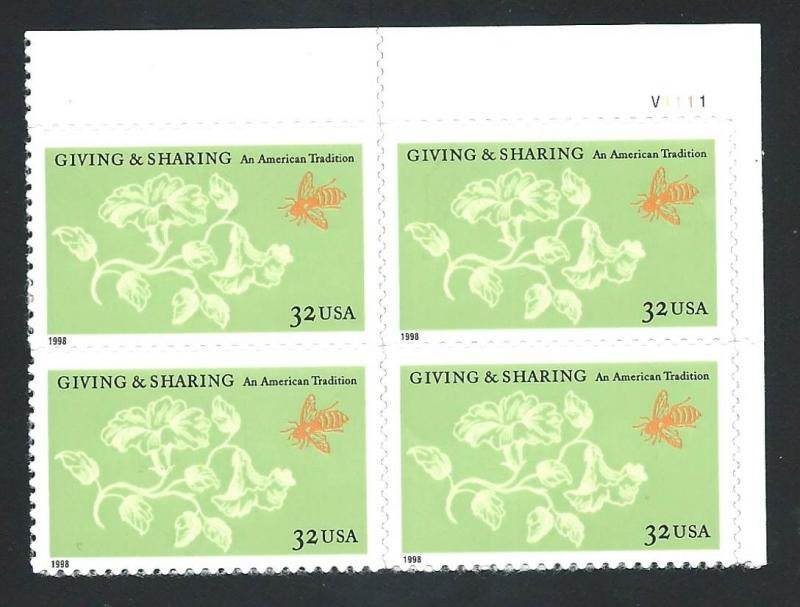 SC# 3243 - (32c) - Giving & Sharing, plate block of 4 - UR - MNH