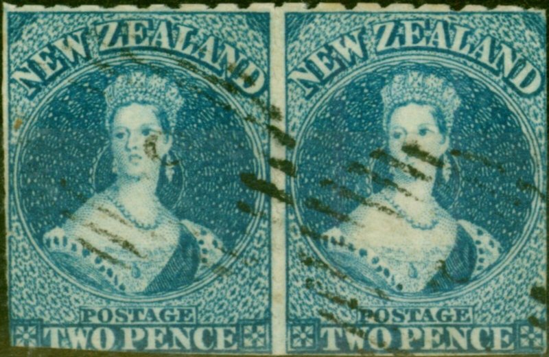 New Zealand 1859 2d Blue SG28 Roulette 7 Good Used Pair CV £7000 Rare 