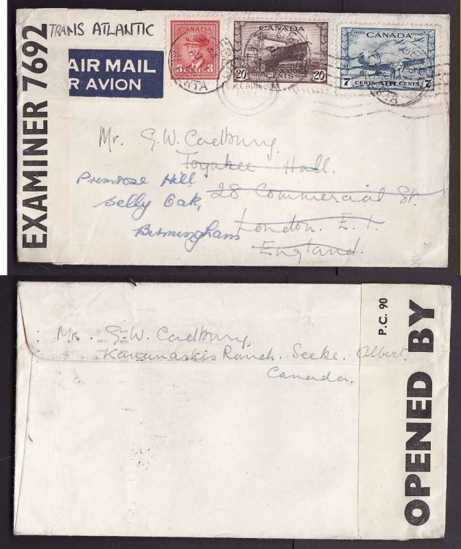 Canada-cover #14012-20c Ship+3c KGVI war+7c airmail-England-Seebe, Alberta-