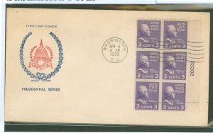 US 807EE 1939 Experimental electric-eye printing process, 3c Thomas Jefferson (presidential/prexy series) plate block of six on