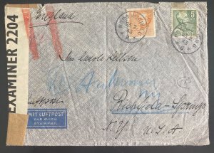 1943 Sweden Censored Airmail Cover To Richfield NY Usa