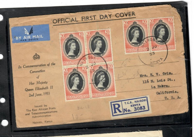 KENYA, UGANDA, TANGANYIKA COVER  PPO507 1953 QEII CORONATION FDCX15 REG TO USA