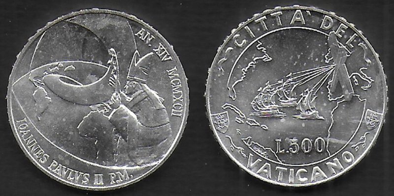 1992 Vaticano Lire 500 silver Discovery of America FDC-MS65