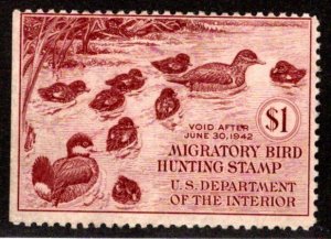 RW8, $1, NO GUM, 1941, Ruddy Ducks, Duck Hunting, Revenue Stamp