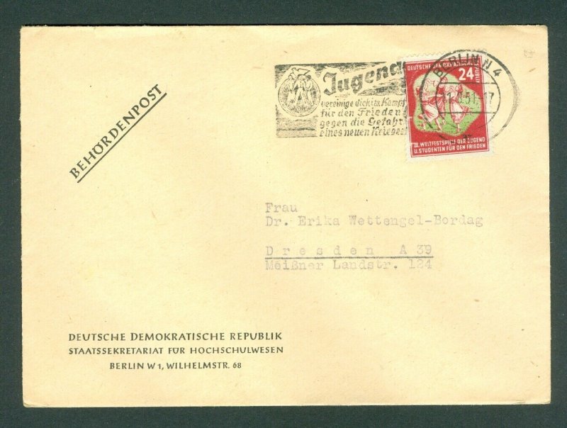 Germany. DDR. 1951. Cover. Official Mail. Berlin. Student Youth Festival. Sc# 86