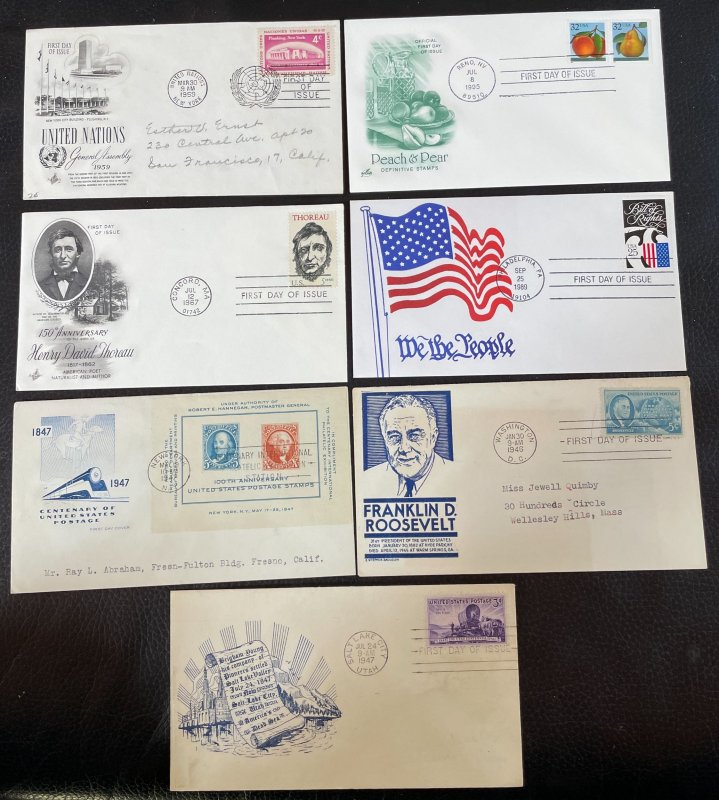 Six Different First Day Covers with US Stamps and one other with United Nations