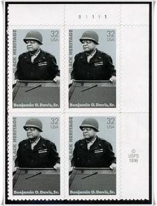 SC#3121 32¢ Benjamin O. Davis Plate Block: UR #B1111 (1997) SA