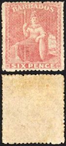 Barbados SG29 6d Rose-red Rough Perf 14 to 16 No Wmk M/M Cat 375 pounds