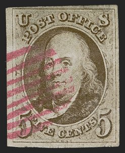 US STAMPS # 1 5c FRANKLIN IMPERF USED MAGENTA CANCEL CAT. $700 LOT #11303-1