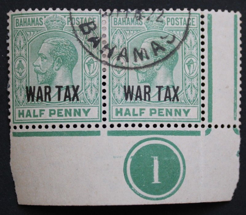 Bahamas 1918 GV Halfpenny War Tax Plate pair SG 96 used
