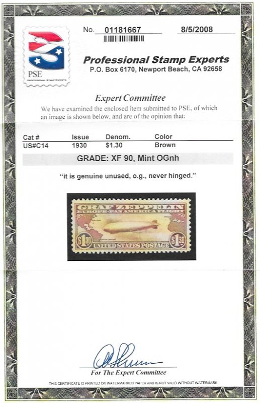 C14 MNH $1.30 Zeppelin, PSE Cert. Graded XF-90,  Free Insured Shipping