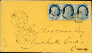 #24 ON COVER DOMESTIC USAGE TO CONNECTICUT; 3 SINGLES, 1 STRADDLE MARGIN BP0689