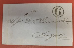 Danish West Indies, 1860 Stampless Ship Letter, 6c Rate,  St. Thomas to N.Y., VF 