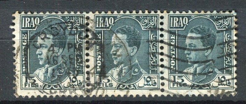 IRAQ; 1940s early Faisal issue used 15f. Strip of 3, Croydon Arrrival Postmark