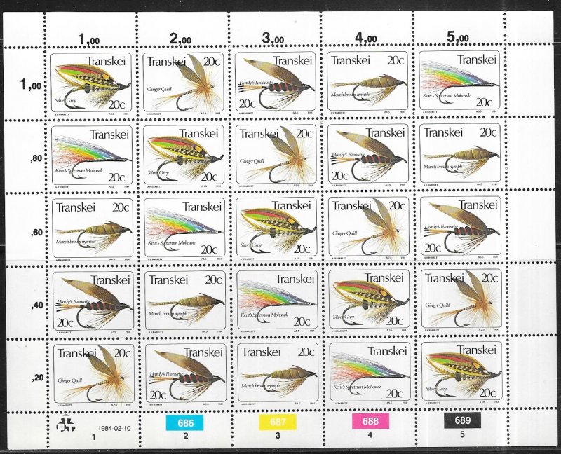 SOUTH AFRICA-TRANSKEI  # 73a-e  20c  Fishing Flies sheet of 25 (MNH) CV $12.50