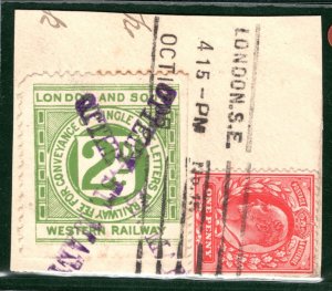 GB Devon RAILWAY L&SWR Letter Stamp 2d *OTTERY ST MARY* Station 1905 Piece BRW21