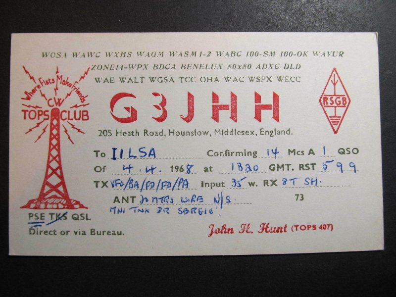 10398 Amateur Radio QSL Card MIDDLESEX ENGLAND