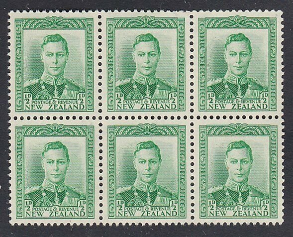 NEW ZEALAND 1938 GVI ½d green MNH block of 6 - SG cat £48...................K560 