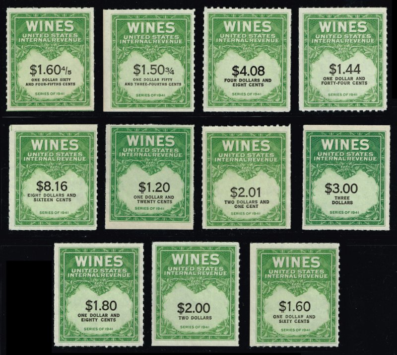 Lot of 33 Different US Wine Revenue Stamps (SCV >$190)