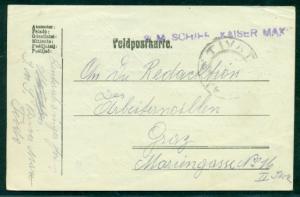 1918, Hungary Naval card, ship ‘KAISER MAX’ purple straight line ship cancel, VF