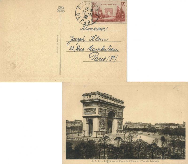 France 65c+35c Armistice Semi-Postal 1938 Paris R.P, Depart PPC (Arc de Triom...