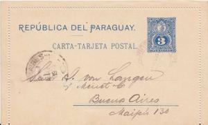 Paraguay 3c Numeral Letter Card with selvedge 1903 Asuncion, Expedicion to Bu...