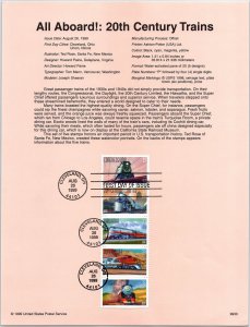 USPS SOUVENIR PAGE ALL ABOARD! 20th CENTURY TRAINS STRIP OF (5) 1999