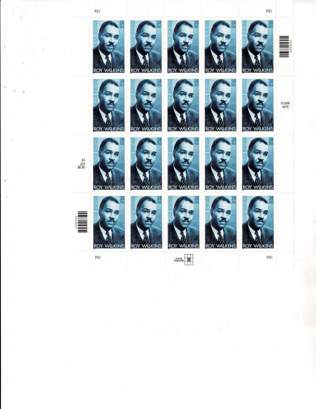 Roy Wilkins Black Heritage 34c Postage Sheet #3501 MNH