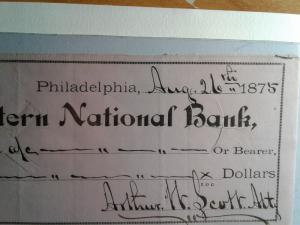 SCOTT # R35 USED INTERNAL REVENUE STAMP CHECK WESTERN NATIONAL BANK 1875