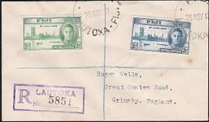 FIJI 1947 Registered cover to UK ex LAUTOKA................................A6989