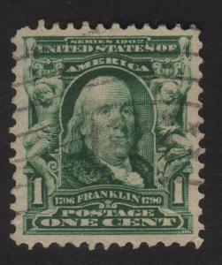 1903 US, 1c stamp, Used, Benjamin Franklin, Sc 300, XF