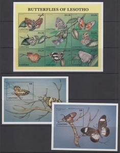 Lesotho Sc 1080-1082 MNH. 1997 Butterflies, Mini-Sheet + both Souvenir Sheets